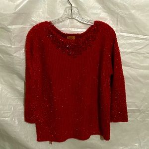 23-10 RUBY RD red shimmer beaded scoop neck sweater PM